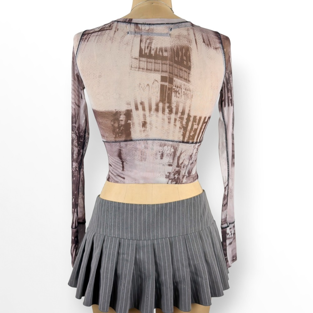 Y2K Mesh Sheer Top Button Up Cropped Slim Fit Grunge Cyber Goth Size XS - Picture 4 of 8